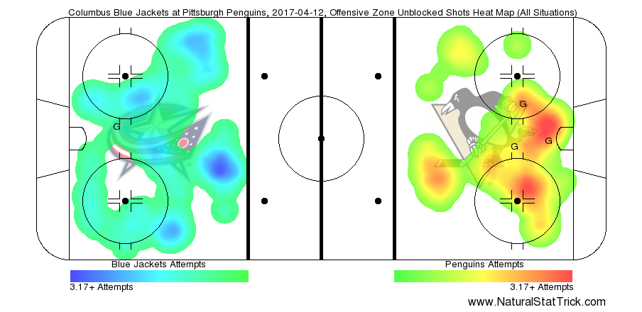 Shots heat map for game one between the Columbus Blue Jackets and Pittsburgh Penguins