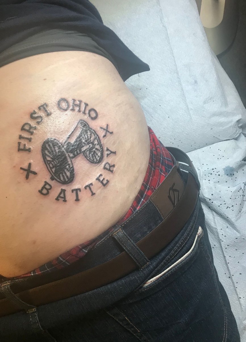 Sam Blazer's 1st Ohio Battery tattoo on his...well, you know.