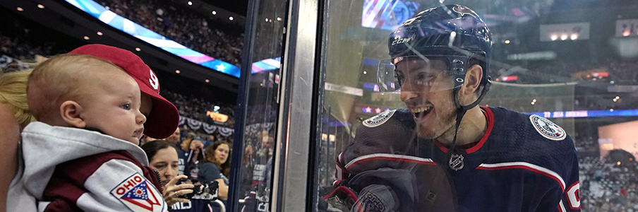 Matt Duchene says hello to his wife and newborn son before Game 4 against Boston.