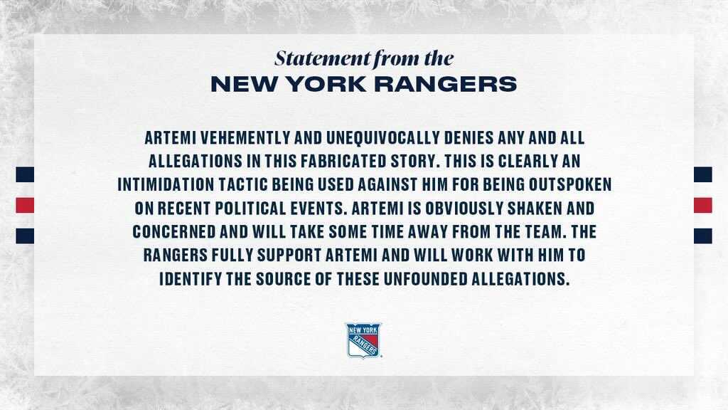 Statement from the New York Rangers on Artemi Panarin's leave of absence Statement from the New York Rangers on Artemi Panarin's leave of absence
