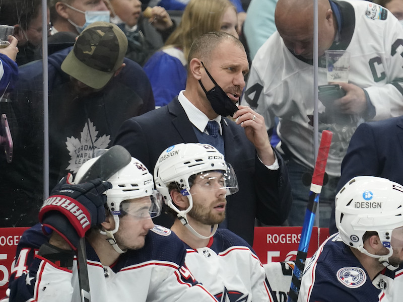 Columbus Blue Jackets head coach Brad Larsen during the third period against the Toronto Maple Leafs at Scotiabank Arena. Columbus Blue Jackets head coach Brad Larsen during the third period against the Toronto Maple Leafs at Scotiabank Arena.