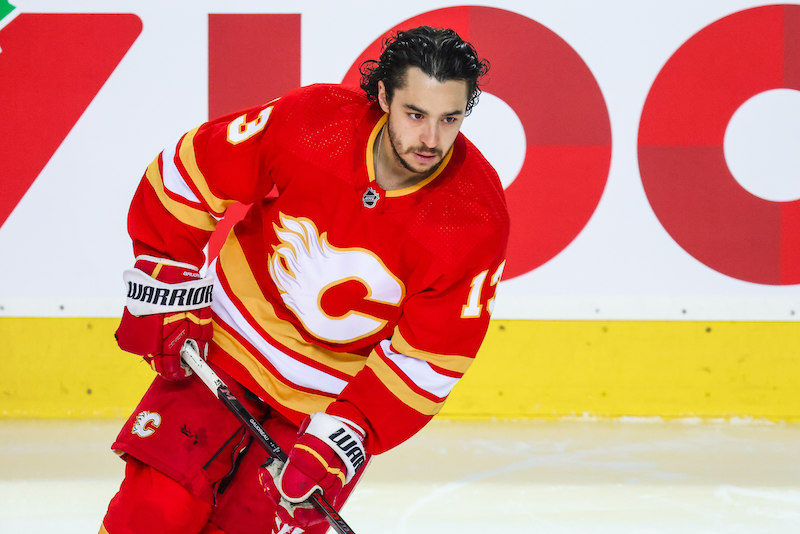 gary Flames left wing Johnny Gaudreau (13) skates during the warmup period against the Edmonton Oilers in game five of the second round of the 2022 Stanley Cup Playoffs at Scotiabank Saddledome.