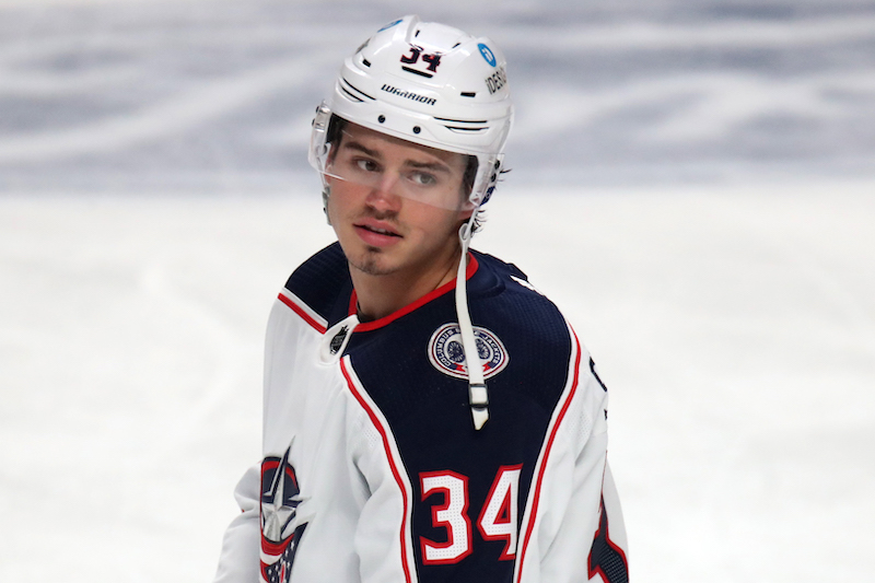 Columbus Blue Jackets' Cole Sillinger during the warm-up session before the game against Montreal Canadiens at Bell Centre. Columbus Blue Jackets' Cole Sillinger during the warm-up session before the game against Montreal Canadiens at Bell Centre.