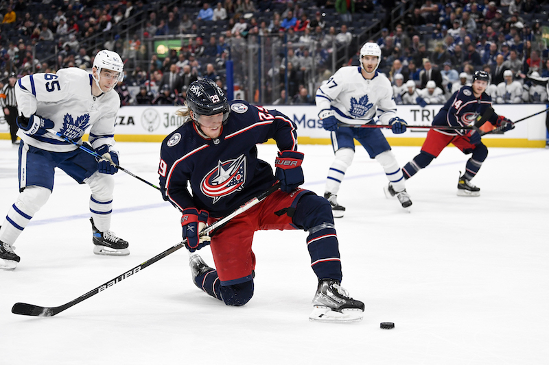 Columbus Blue Jackets' Patrik Laine plays the puck from his knee in the third period against the Toronto Maple Leafs at Nationwide Arena. Columbus Blue Jackets' Patrik Laine plays the puck from his knee in the third period against the Toronto Maple Leafs at Nationwide Arena.