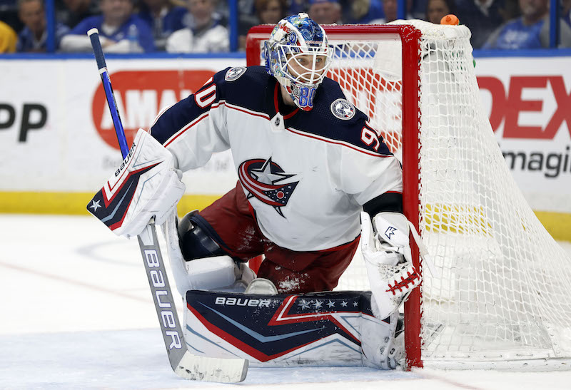 Columbus Blue Jackets' Elvis Merzlikins looks on against the Tampa Bay Lightning during the third period at Amalie Arena.