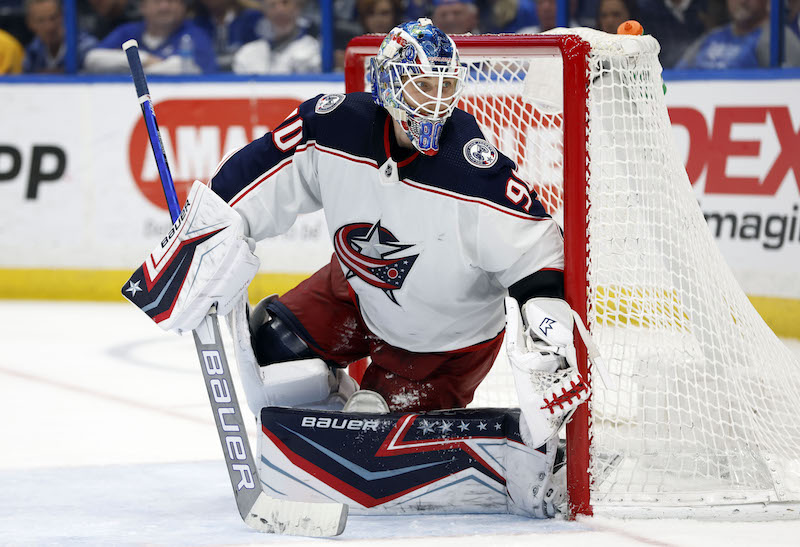 Columbus Blue Jackets' Elvis Merzlikins looks on against the Tampa Bay Lightning during the third period at Amalie Arena. Columbus Blue Jackets' Elvis Merzlikins looks on against the Tampa Bay Lightning during the third period at Amalie Arena.