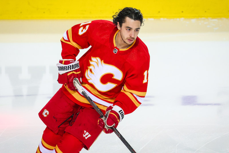 Calgary Flames' Johnny Gaudreau skates during the warm-up period against the Dallas Stars in game two of the first round of the 2022 Stanley Cup Playoffs at Scotiabank Saddledome.