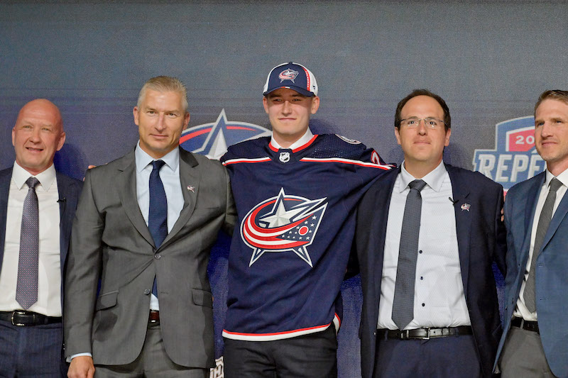 David Jiricek after being selected as the number six overall pick to the Columbus Blue Jackets in the first round of the 2022 NHL Draft at Bell Centre.