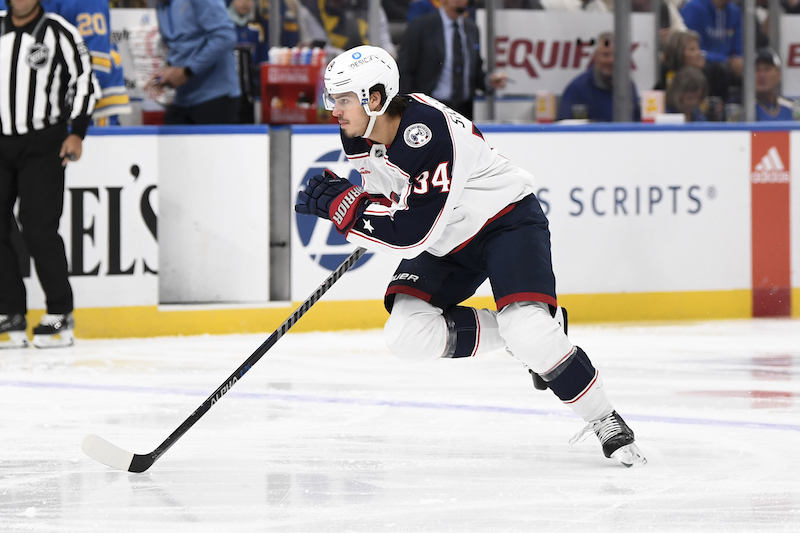 Columbus Blue Jackets' Cole Sillinger skates against the St. Louis Blues during the first period at Enterprise Center.