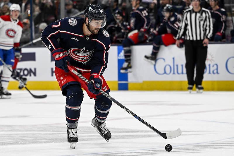 Columbus Blue Jackets' Sean Kuraly skates the puck through the offensive zone against the Montreal Canadiens in the third period at Nationwide Arena. Columbus Blue Jackets' Sean Kuraly skates the puck through the offensive zone against the Montreal Canadiens in the third period at Nationwide Arena.