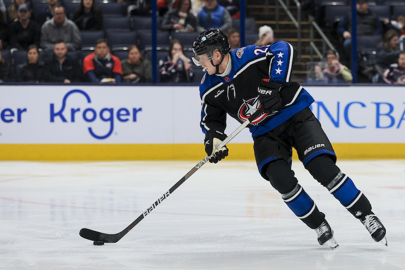 Columbus Blue Jackets' Patrik Laine skates with the puck against the Calgary Flames in the second period at Nationwide Arena. Columbus Blue Jackets' Patrik Laine skates with the puck against the Calgary Flames in the second period at Nationwide Arena.