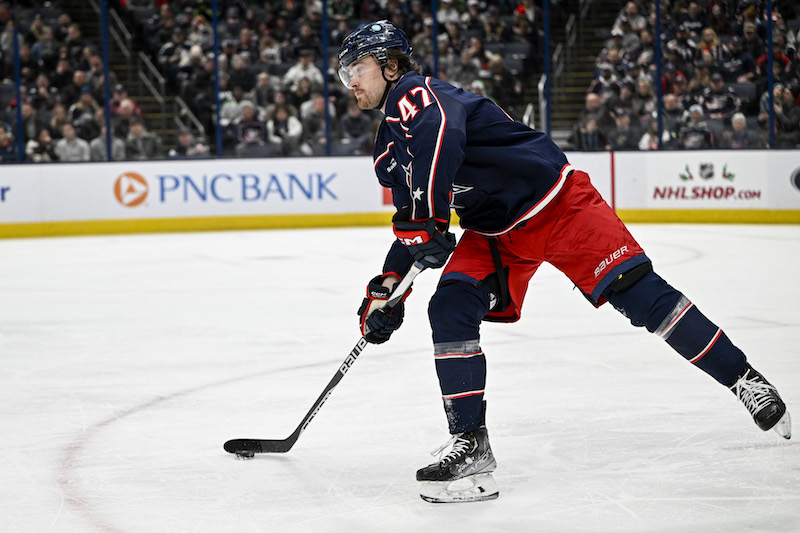 Columbus Blue Jackets' Marcus Bjork moves the puck in the second period against the Dallas Stars at Nationwide Arena. Columbus Blue Jackets' Marcus Bjork moves the puck in the second period against the Dallas Stars at Nationwide Arena.