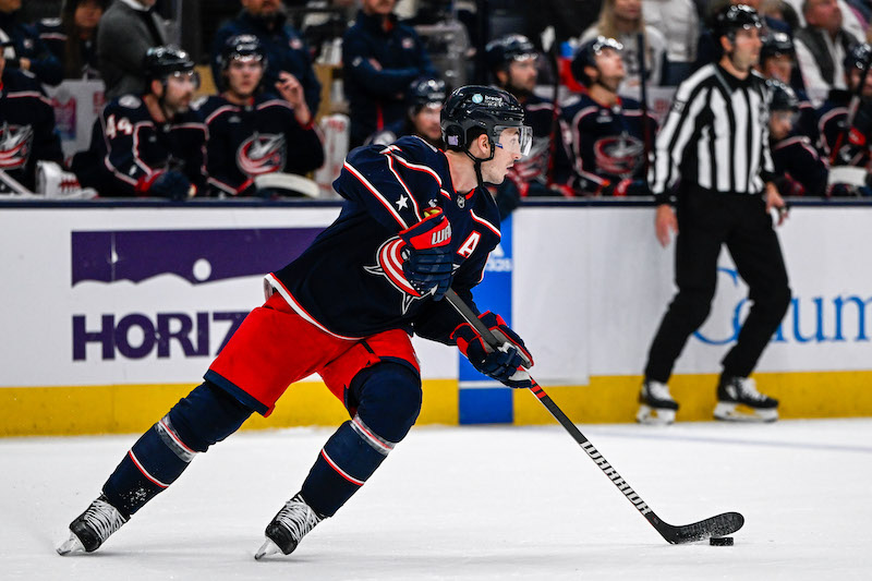 Columbus Blue Jackets' Zach Werenski skates with the puck against the Philadelphia Flyers in the first period at Nationwide Arena.