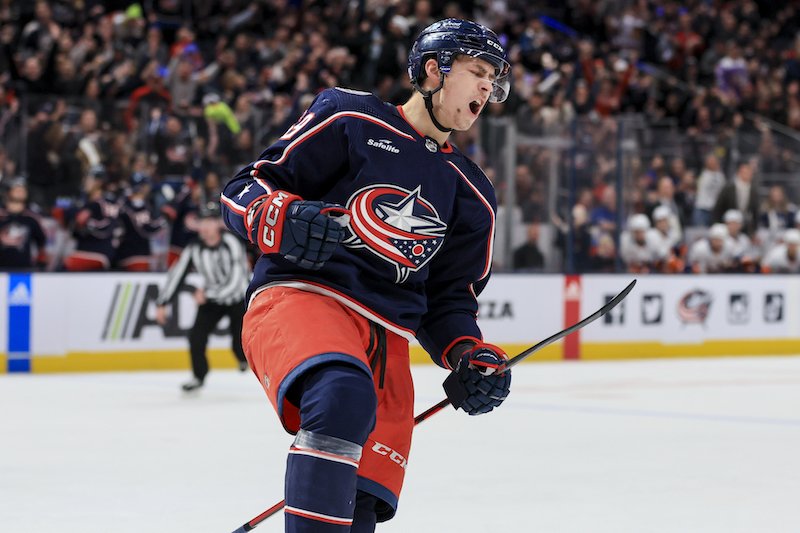 Columbus Blue Jackets' Yegor Chinakhov yells as he celebrates scoring a power play goal against the New York Islanders in the second period at Nationwide Arena.