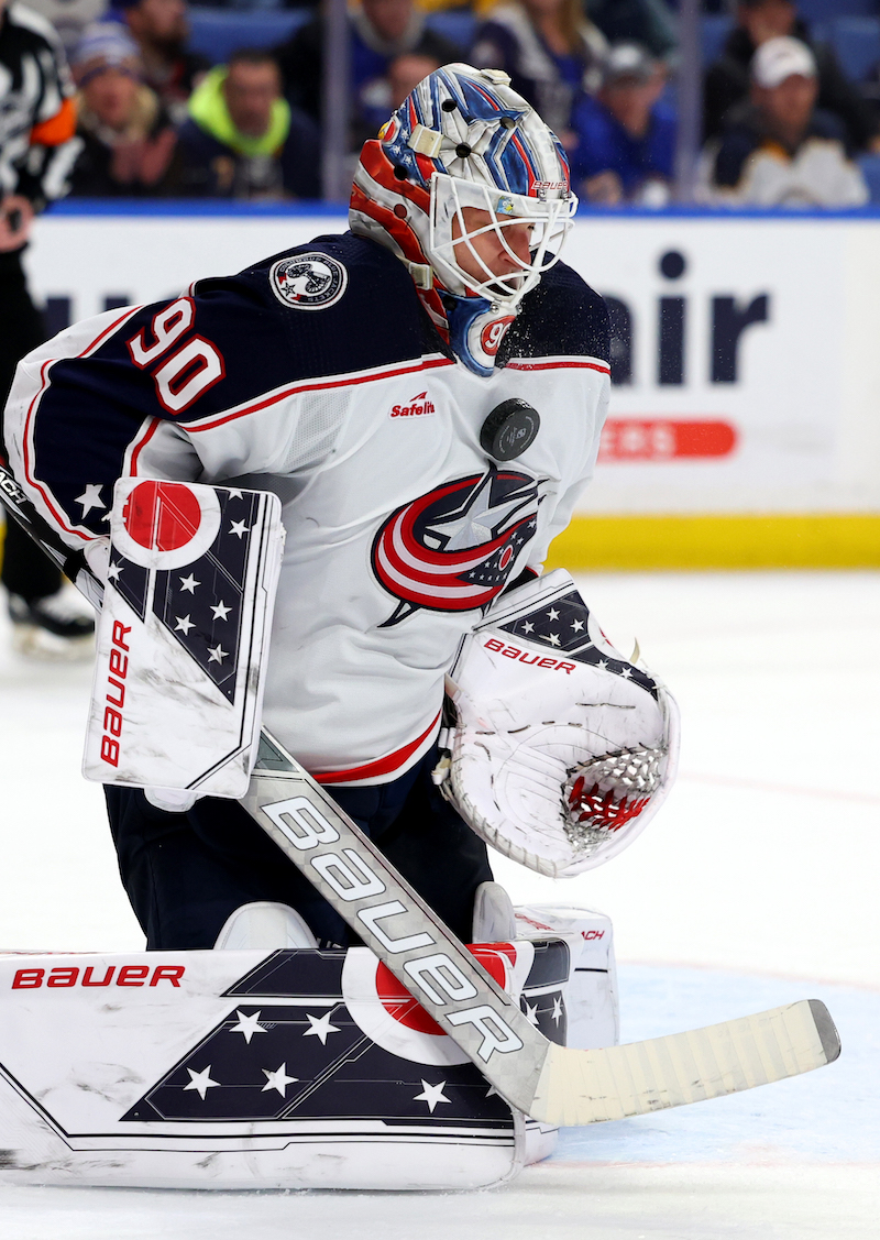 Columbus Blue Jackets' Elvis Merzlikins makes a save during the second period against the Buffalo Sabres at KeyBank Center.