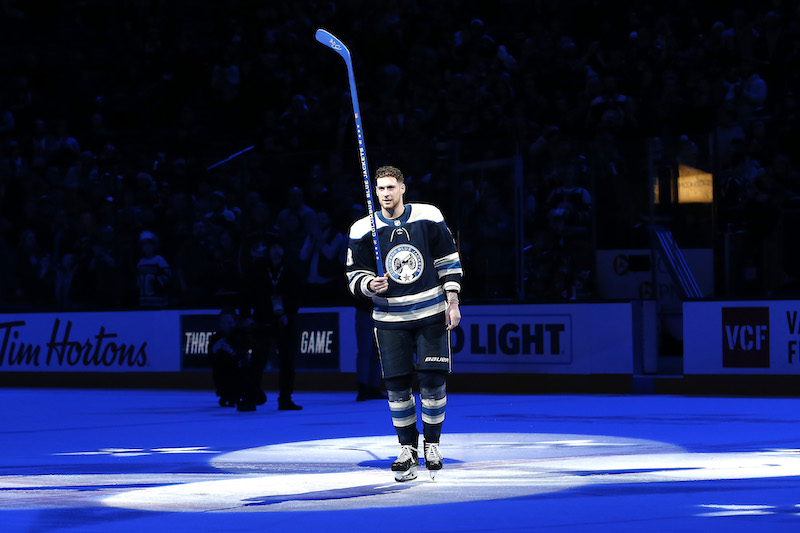 Columbus Blue Jackets' Pierre-Luc Dubois reacts after being named second star of the game against the Los Angeles Kings at Nationwide Arena.