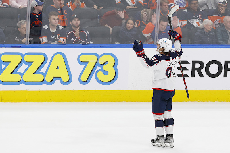Columbus Blue Jackets' Kent Johnson celebrates a goal during overtime against the Edmonton Oilers at Rogers Place. Columbus Blue Jackets' Kent Johnson celebrates a goal during overtime against the Edmonton Oilers at Rogers Place.