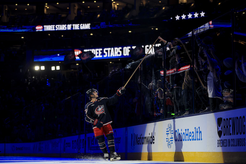 Columbus Blue Jackets' Nick Blankenburg tosses a stick into the crowd after the against game the Nashville Predators at Nationwide Arena.