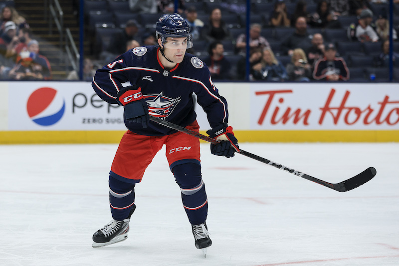 Columbus Blue Jackets' Denton Mateychuk skates against the Buffalo Sabres in the third period at Nationwide Arena.
