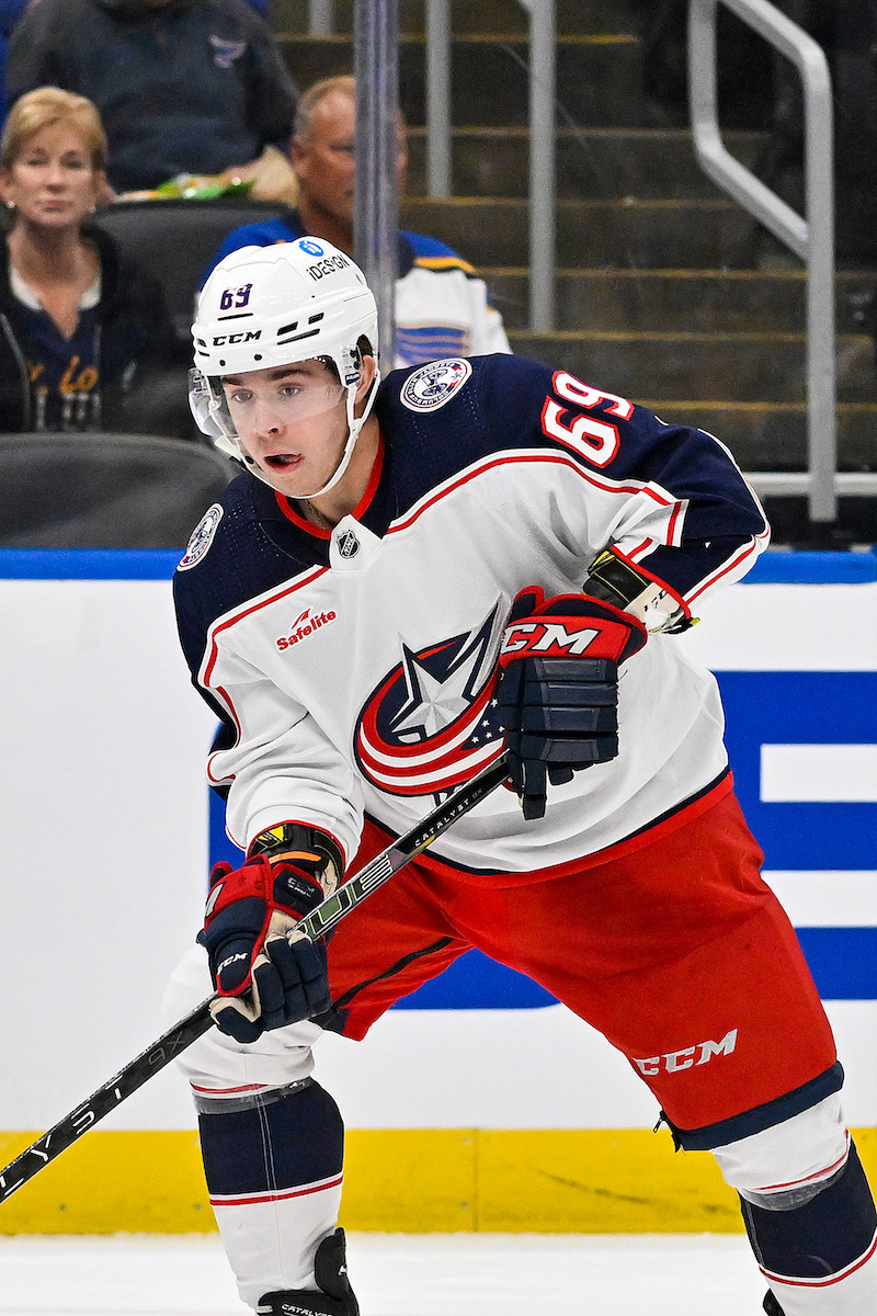 Columbus Blue Jackets' Jordan Dumais in action against the St. Louis Blues during the second period at Enterprise Center.