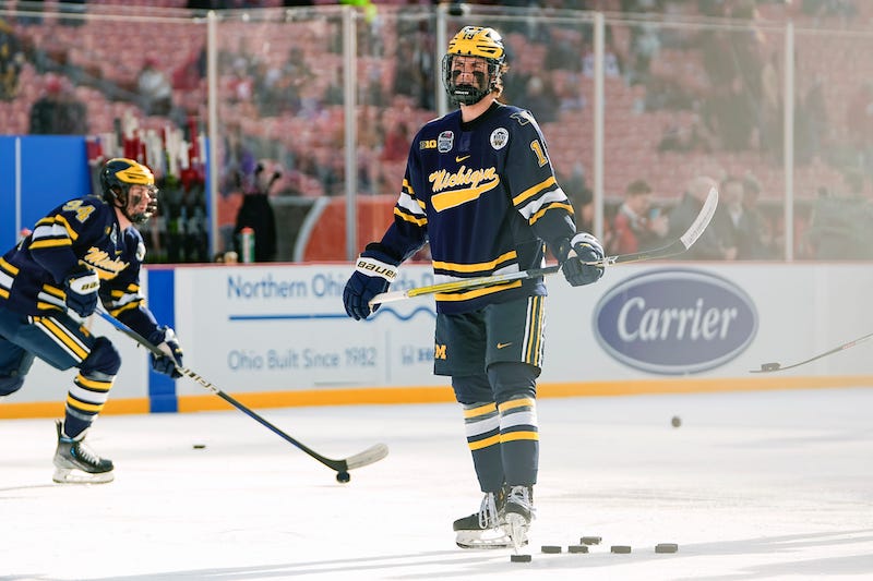 Michigan Wolverines' Adam Fantilli warms up prior to the Faceoff on the Lake outdoor NCAA men s hockey game against the Ohio State Buckeyes at FirstEnergy Stadium.