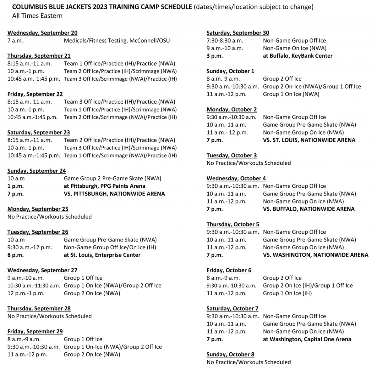 Blue Jackets 2023 training camp schedule