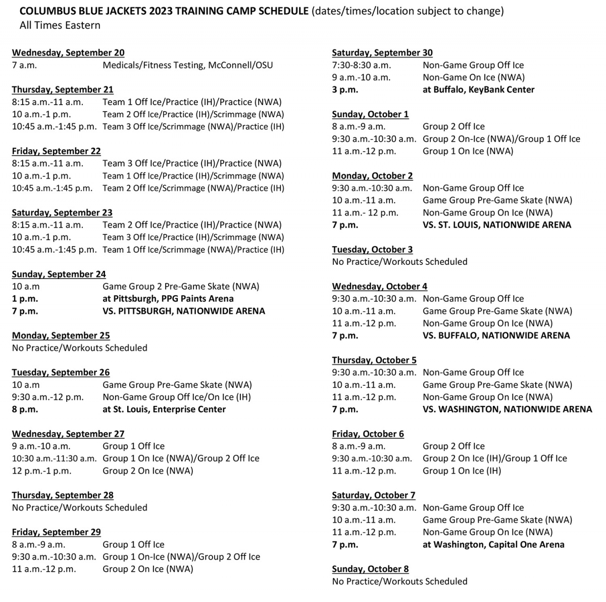 Blue Jackets 2023 training camp schedule Blue Jackets 2023 training camp schedule