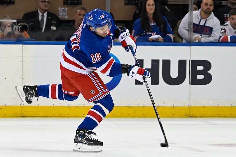 New York Rangers left wing Artemi Panarin (10) attempts a shot Washington Capitals during the third period in game two of the first round of the 2024 Stanley Cup Playoffs at Madison Square Garden. New York Rangers left wing Artemi Panarin (10) attempts a shot Washington Capitals during the third period in game two of the first round of the 2024 Stanley Cup Playoffs at Madison Square Garden.