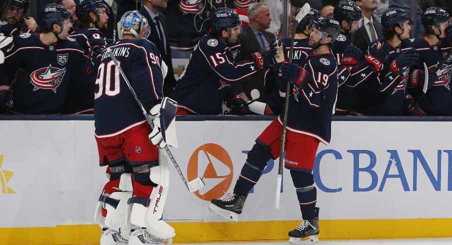 Dec 4, 2025; Columbus, Ohio, USA; Columbus Blue Jackets center Adam Fantilli (19) celebrates his goal against the Detroit Red Wings during the third period at Nationwide Arena. Dec 4, 2025; Columbus, Ohio, USA; Columbus Blue Jackets center Adam Fantilli (19) celebrates his goal against the Detroit Red Wings during the third period at Nationwide Arena.