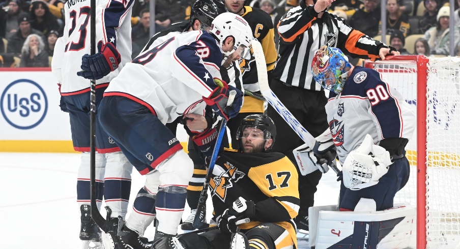 Jan 17, 2026; Pittsburgh, Pennsylvania, USA; Pittsburgh Penguins right wing Bryan Rust (17) gets tangled up with Columbus Blue Jackets center Boone Jenner (38) during the third period at PPG Paints Arena. Columbus won 4-3 in a shoot out. Jan 17, 2026; Pittsburgh, Pennsylvania, USA; Pittsburgh Penguins right wing Bryan Rust (17) gets tangled up with Columbus Blue Jackets center Boone Jenner (38) during the third period at PPG Paints Arena. Columbus won 4-3 in a shoot out.