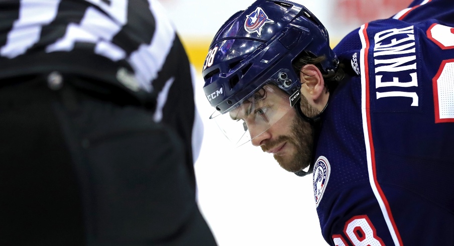 Feb 18, 2019; Columbus, OH, USA; Columbus Blue Jackets center Boone Jenner (38) against the Tampa Bay Lightning at Nationwide Arena. Mandatory Credit: Aaron Doster-Imagn Images