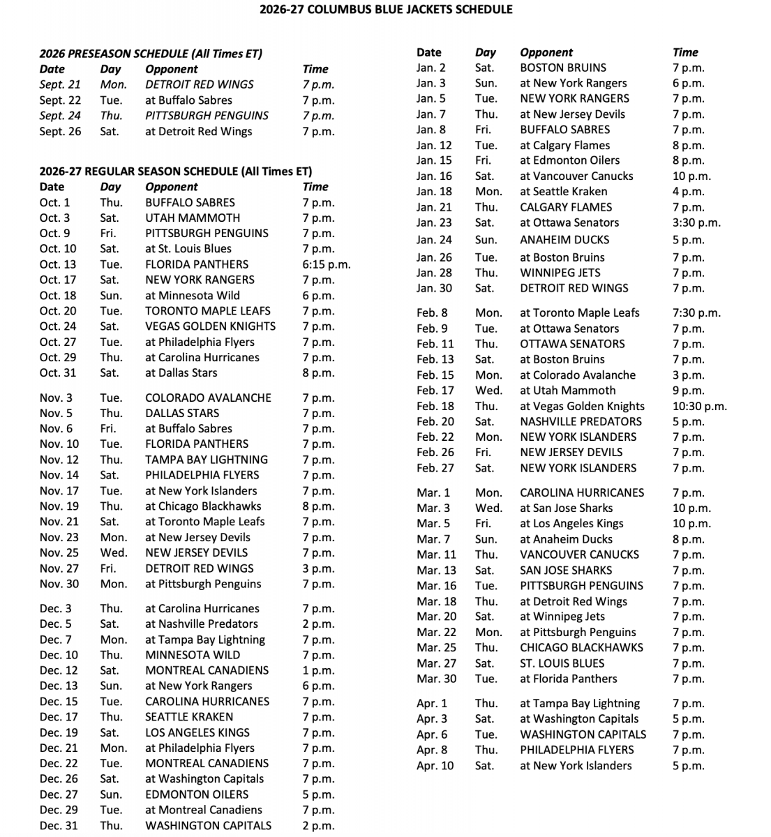 2026-27 CBJ Schedule