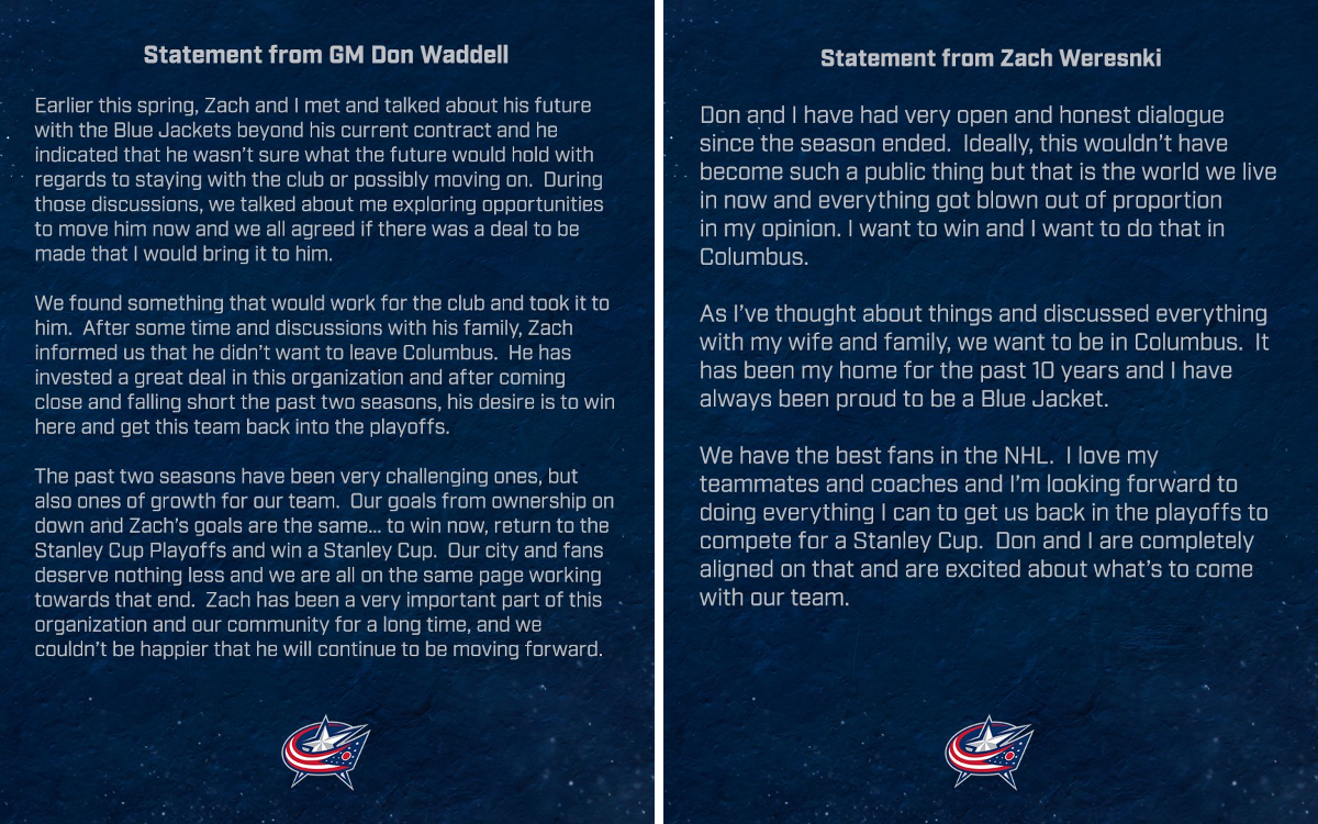 Statements from GM Don Waddell and Blue Jackets star Zach Werenski Statements from GM Don Waddell and Blue Jackets star Zach Werenski