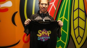 Brian Campbell shows off his 'Soup and a Sandwich' t-shirt 