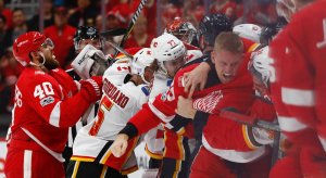 Detroit Red Wings and Calgary Flames get involved in a line brawl