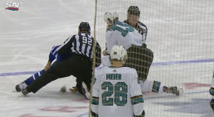 Nazem Kadri and Joe Thornton fight to start the game and Kadri gets a handful of Thornton's beard