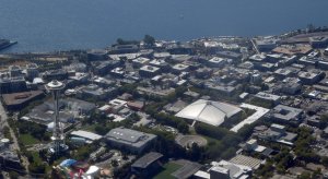 A photo of Seattle from the sky including the Space Needle and Key Arena