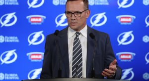 Steve Yzerman talks to assembled media during February 2018