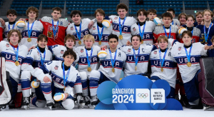 Team (USA) celebrate with their gold medals during the victory ceremony following the Ice Hockey Men s 6-on-6 Tournament Gold Medal Game against Czech Republic at the Gangneung Hockey Centre. The Winter Youth Olympic Games, Gangwon, South Korea, Wednesday 31 January 2024.