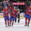 Montreal Canadiens' Rafael Harvey-Pinard celebrates with teammate Mike Hoffman and Kirby Dach after scoring his third goal against the Columbus Blue Jackets during the second period at the Bell Centre.