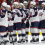 Columbus Blue Jackets goaltender Jet Greaves (73) celebrates with teammates after their game against the Washington Capitals at Capital One Arena.