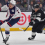 Dec 22, 2025; Los Angeles, California, USA; Columbus Blue Jackets left wing Mason Marchment (17) scores a goal ahead of Los Angeles Kings left wing Trevor Moore (12) during the first period at Crypto.com Arena.