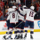 Apr 7, 2026; Detroit, Michigan, USA; Columbus Blue Jackets center Charlie Coyle (3) receives congratulations from teammates after he score on Detroit Red Wings goaltender John Gibson (36) during shoot out to win the game against the Detroit Red Wings at Little Caesars Arena. Mandatory Credit: Rick Osentoski-Imagn Images