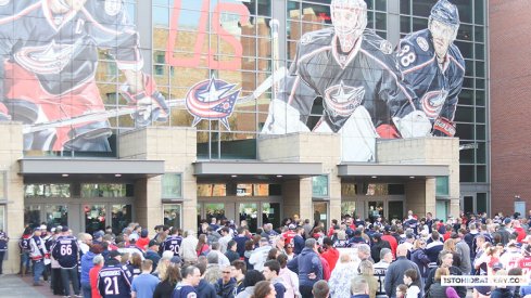 Columbus Blue Jackets fans gather around Nationwide Arena