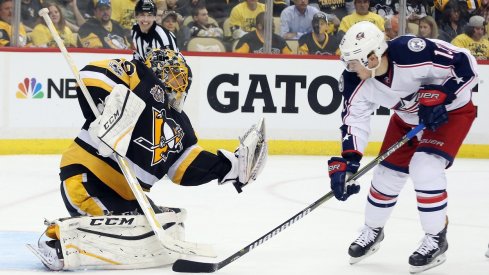 Marc-Andre Fleury grabs another shot by the Blue Jackets