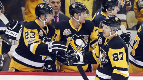 Sidney Crosby of the Pittsburgh Penguins celebrates his first period goal against the Columbus Blue Jackets.