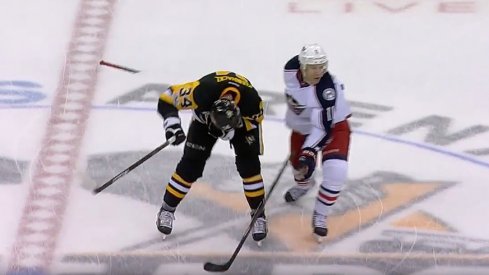 Matt Calvert broke his stick over Tom Kuhnhackl's back Friday night in Pittsburgh.