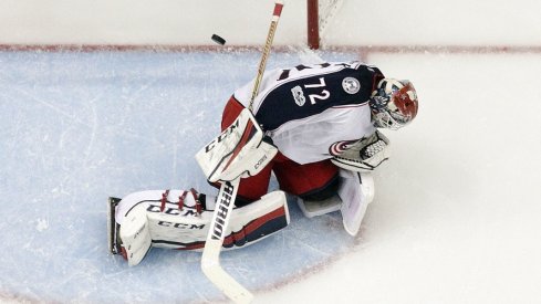 Sergei Bobrovsky lets a puck slip by in Game 2 against the Penguins