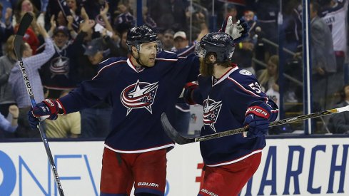 Columbus Blue Jackets defenseman Jack Johnson (7) celebrates a goal against the Pittsburgh Penguins during the first period.