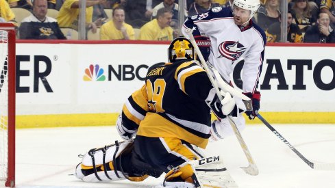 Marc-Andre Fleury stops a Scott Hartnell chance from going into the net.